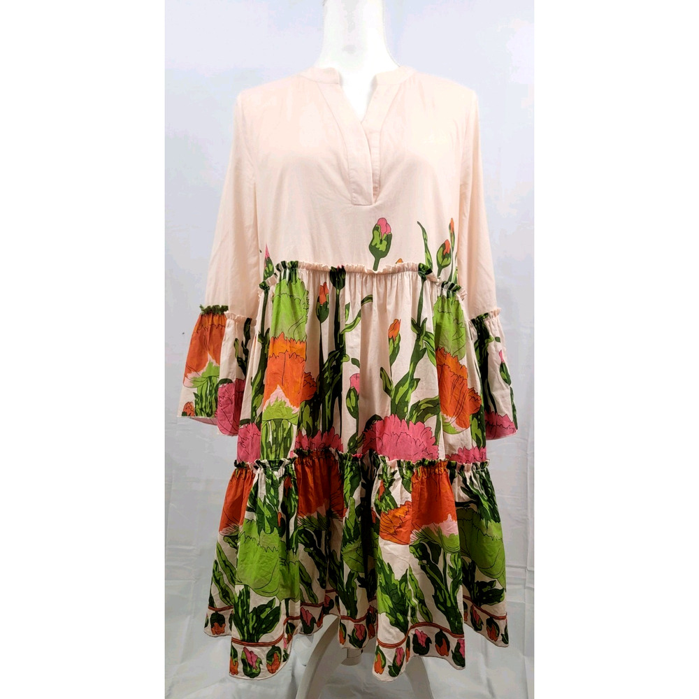 Julie Brown NY White Lotus Floral Ruffle Bell Sleeve Tiered Dress Size L